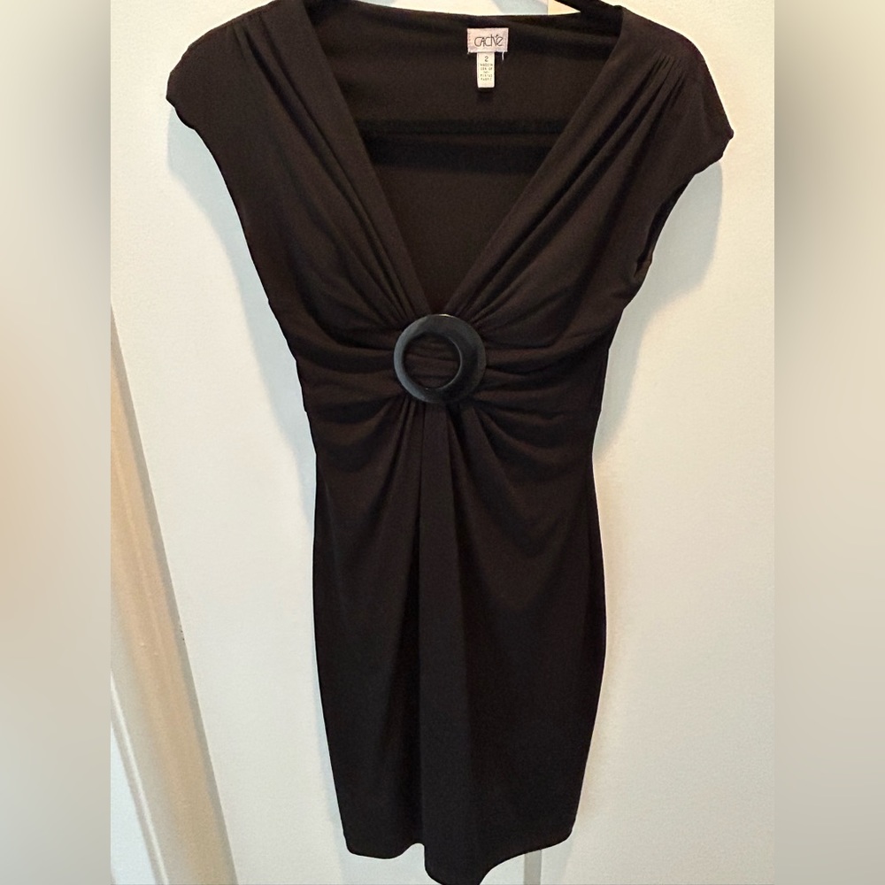 V-neck, knee length, black dress, Cache brand, size 2